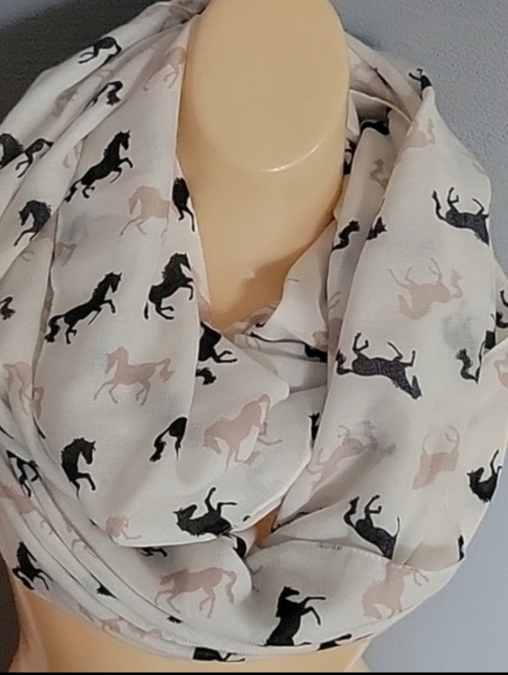 White Infinity Scarf with Black & Beige Horse Print